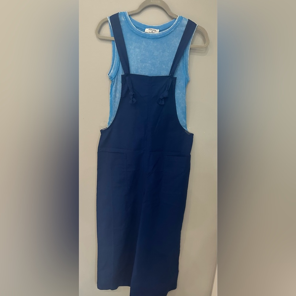 ZENANA ROYAL BLUE KNOT STRAP WIDE LEG CROPPED JUMPSUIT SIZE M - Picture 6 of 9